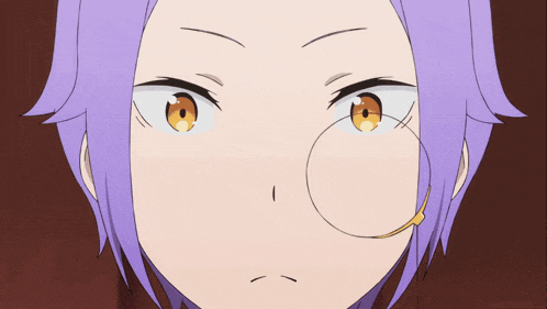 a close up of a person 's face with purple hair and brown eyes