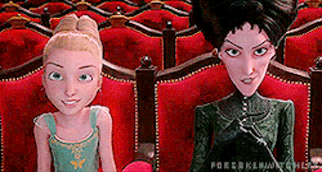 two cartoon characters are sitting next to each other in red chairs