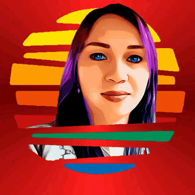 a drawing of a woman with purple hair and blue eyes on a red background