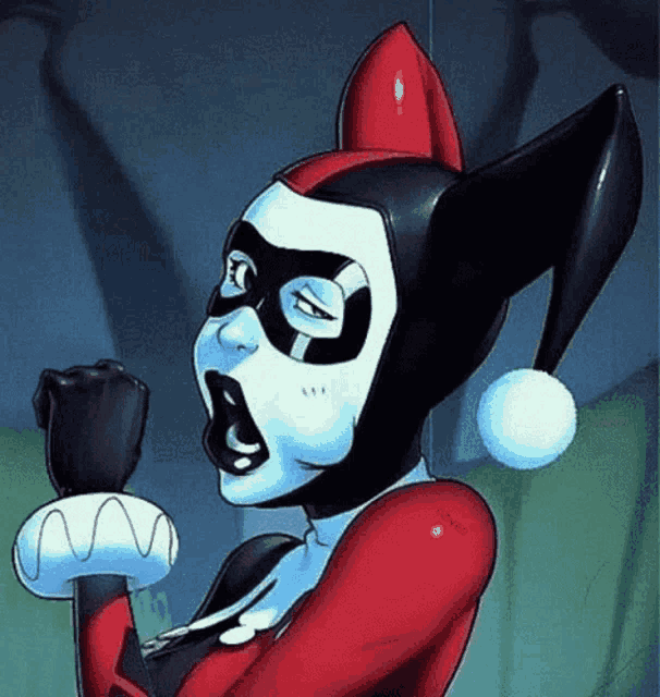 a cartoon of harley quinn making a funny face with her mouth open