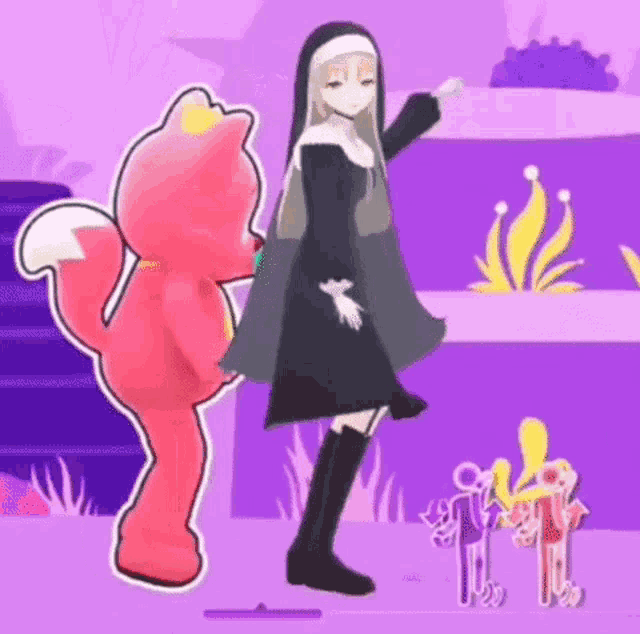 a nun is dancing with a pink teddy bear on a purple background .