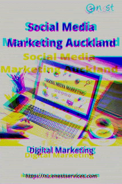 a poster for social media marketing auckland with a laptop on a desk