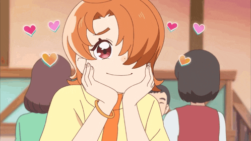 a cartoon of a girl with hearts surrounding her head