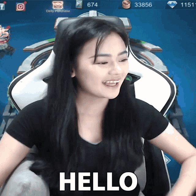 a woman sitting in a chair with the word hello written on her face