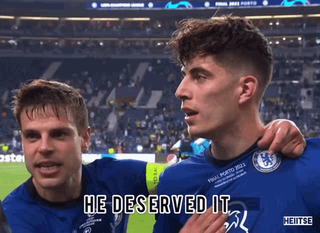 two soccer players on a field with the words he deserved it on the bottom