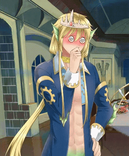 a man with a crown on his head is covering his mouth