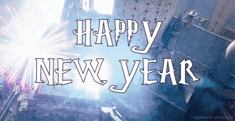 a happy new year greeting card with a fireworks display in the background
