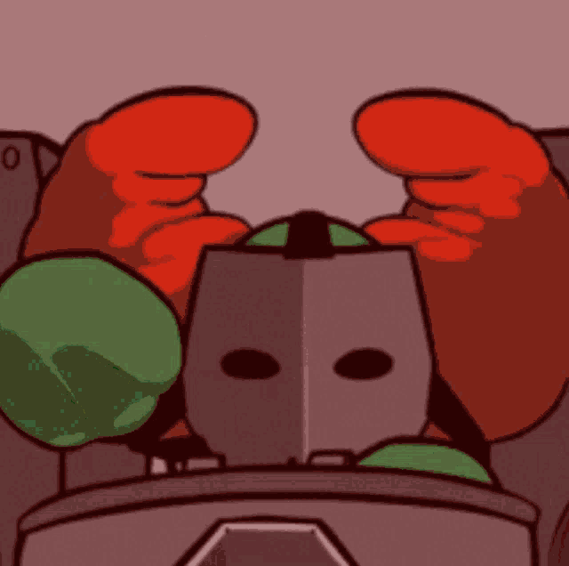 a cartoon character with red and green arms and a mask
