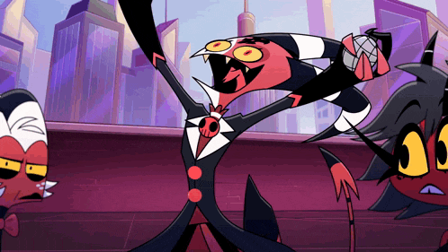 a cartoon character is holding a microphone in his hand while another character looks on .