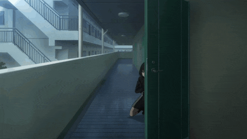 a girl holding a gun in a hallway with stairs in the background