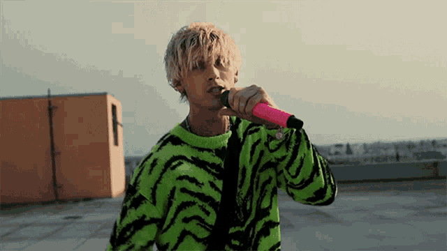 a young man in a green and black sweater is singing into a pink microphone .