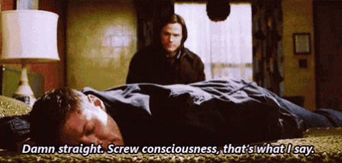a man is laying on a bed with the words `` damn straight screw consciousness that 's what i say '' .