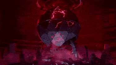 a dark room with a sphere in the middle and a red light coming out of it