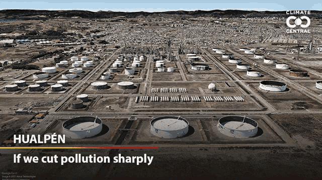 an aerial view of a large oil refinery with the words " if we cut pollution sharply " on the bottom