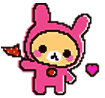 a pixel art illustration of a pink bunny holding an arrow .