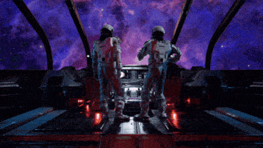 two astronauts are standing in front of a purple sky