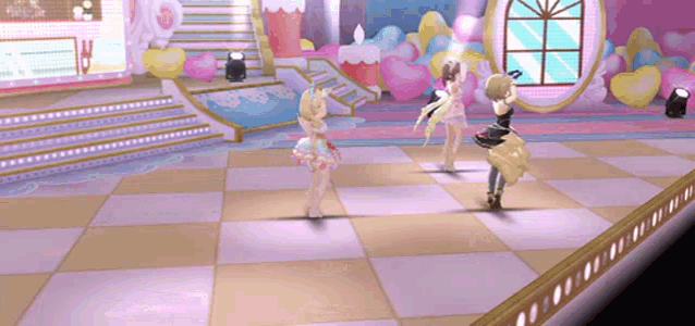 three girls are dancing on a checkered floor in a room
