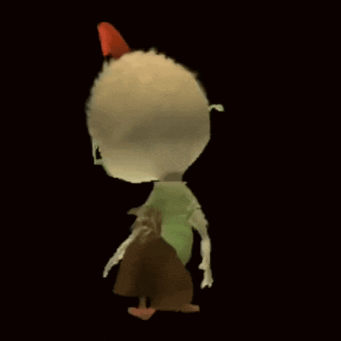 a cartoon character with a red hat on his head is walking .