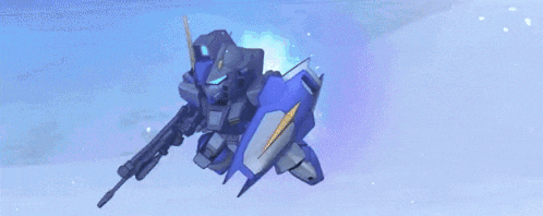 a blue robot is flying through the air with a purple light coming out of it .