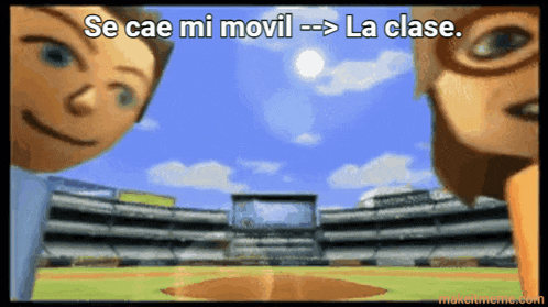 a couple of cartoon characters standing in front of a baseball field with the words se cae mi movil la clase below them