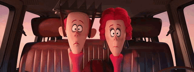 two cartoon characters are sitting in the back seat of a car and one has a crown on his head