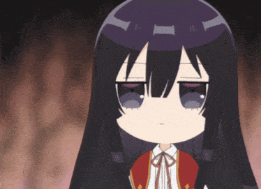 a girl with long black hair and a red jacket has a sad look on her face