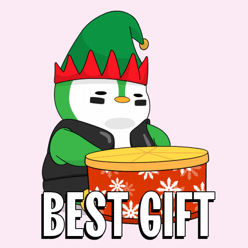 a penguin wearing an elf hat is holding a drum with the words best gift on it