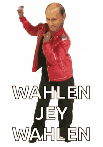 a man in a red jacket is dancing with the words wahlen jey wahlen written below him