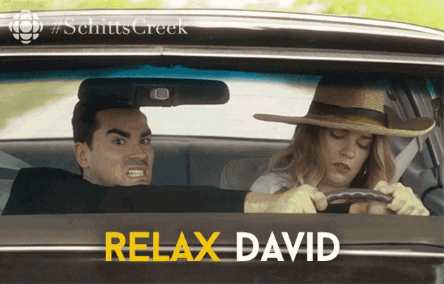 a poster for schitts creek shows a man and a woman driving