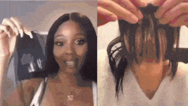 two pictures of a woman holding a cell phone and a picture of her hair