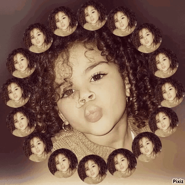 a girl with curly hair is surrounded by circles with pixiz written in the corner