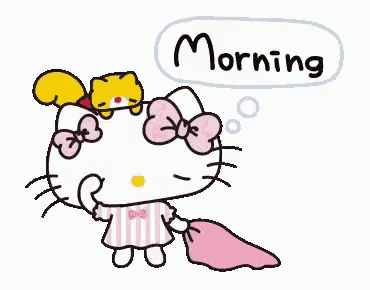 hello kitty is holding a pillow and a squirrel on her head and says morning .