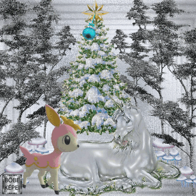 a picture of a unicorn and a deer in front of a christmas tree by bobe kapel