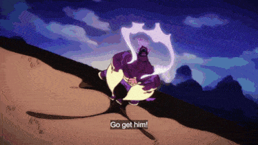 a cartoon character says " go get him " at the bottom of the image