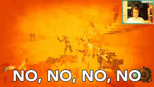 a man is playing a video game with the words no no no no