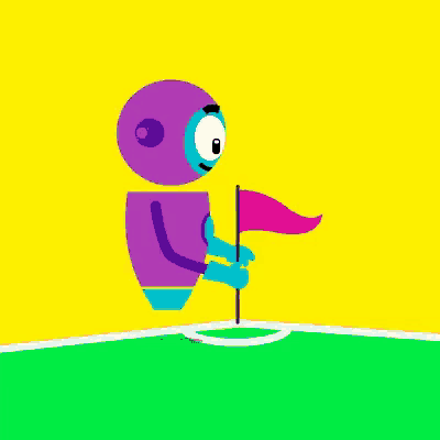 a purple and blue cartoon character is holding a stick in his hand .