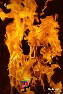 a painting of fire with the letter p in the middle