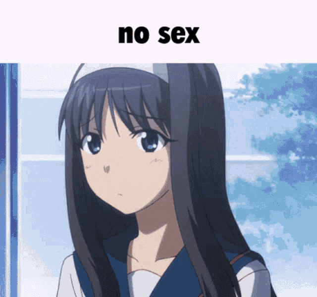 a picture of a girl with long black hair and the words no sex above her