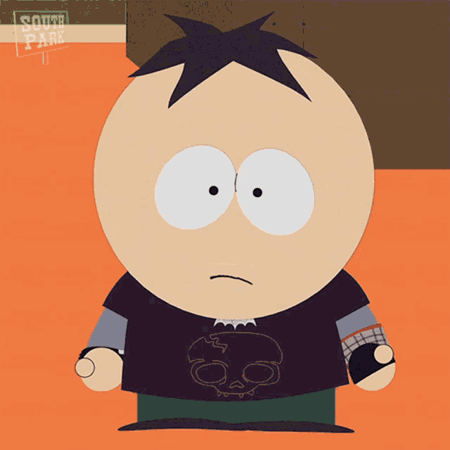 a cartoon character from south park is wearing a black shirt with a red skull on it