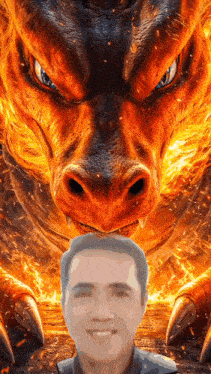 a man stands in front of a fire dragon