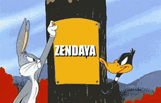bugs bunny and daffy duck are standing next to a yellow sign that says zendaya