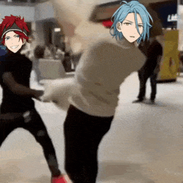 a man with blue hair is standing next to a man with red hair .