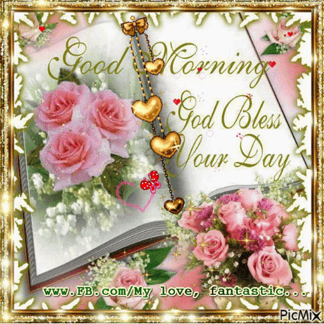 a card that says good morning god bless your day with roses and hearts