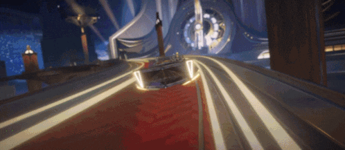 a video game scene with a red carpet and a clock