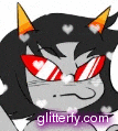 a cartoon cat with red eyes and horns is wearing sunglasses .