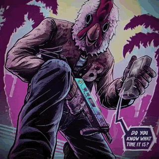 a man in a chicken mask is holding a gun and a cell phone and says do you know what time it is .