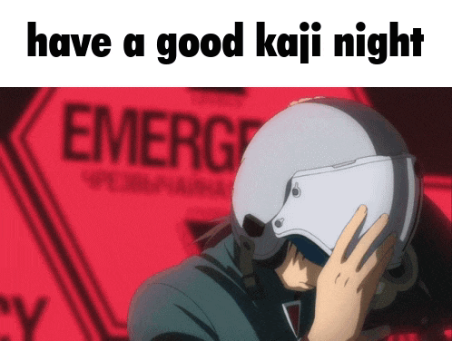 a man wearing a helmet with the words " have a good kaji night " on the bottom