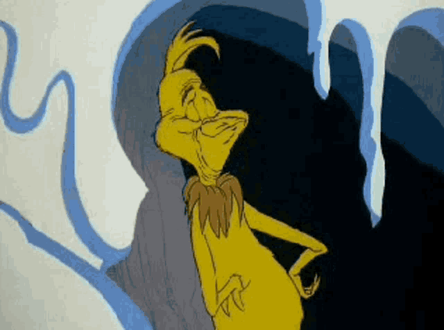 a cartoon character is standing in front of a cave with icicles hanging from the ceiling .