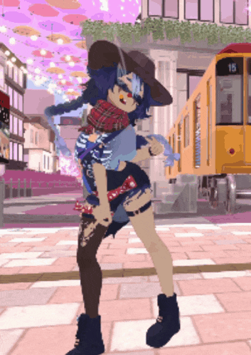a girl in a cowboy outfit is dancing in front of a train number 15
