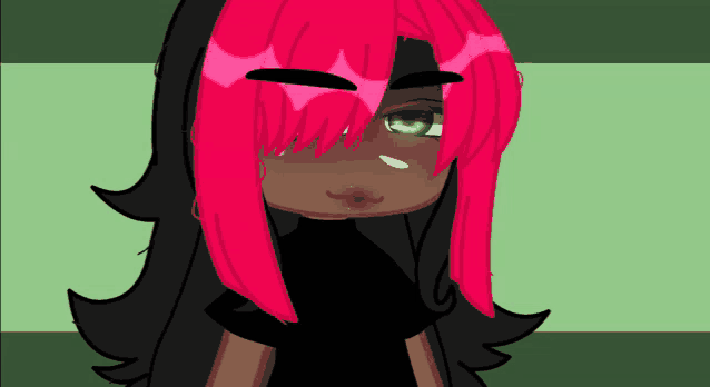 a drawing of a girl with pink hair and black eyes